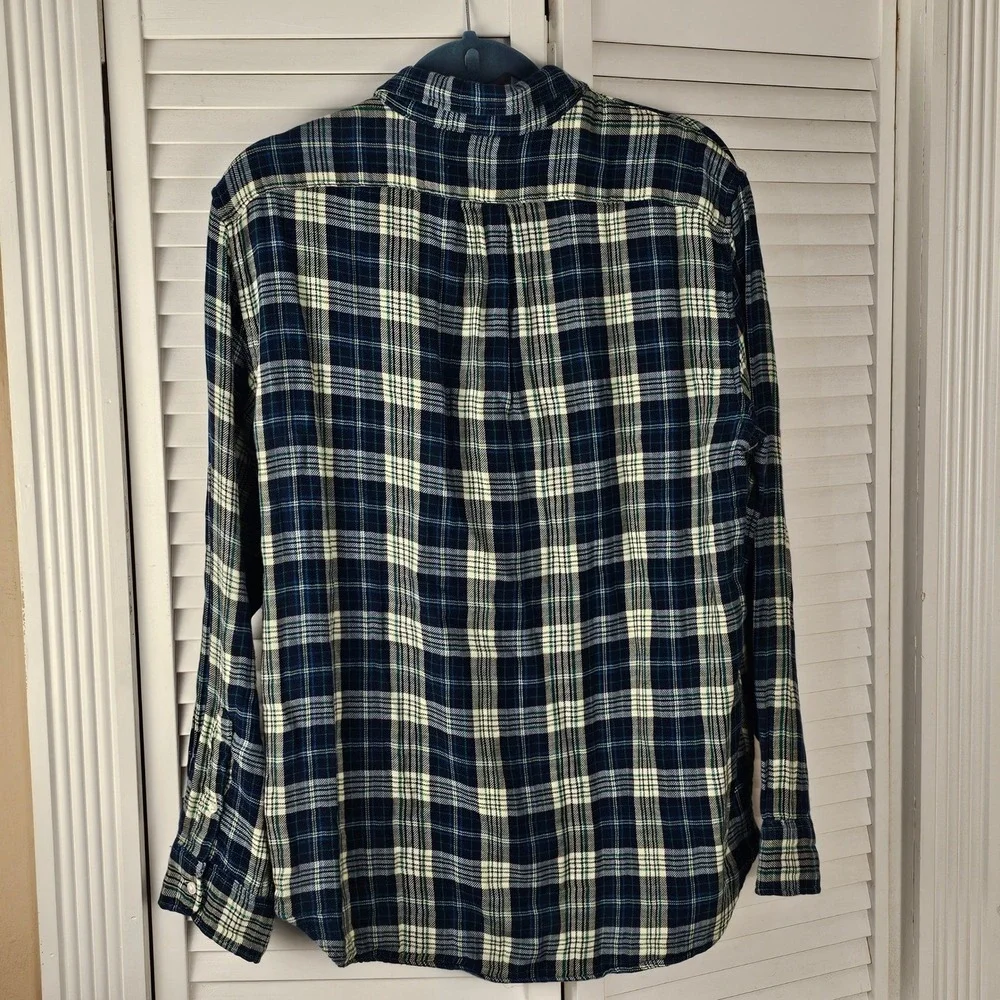 NWT J Crew Mens Navy Green Plaid Double Weave‎ Flannel Shirt Large Slim